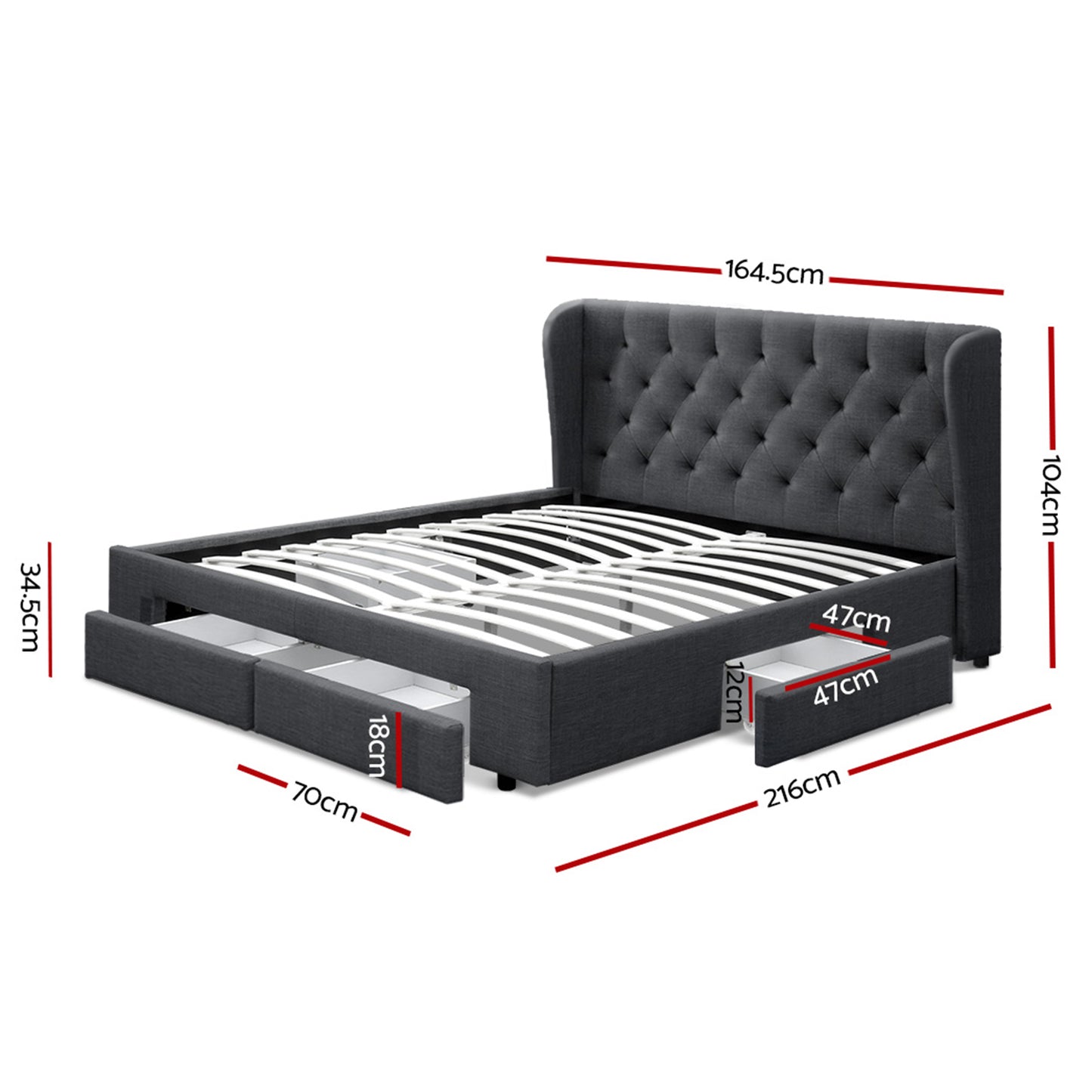 Artiss MILA Bed Frame with 4 Drawers - Charcoal