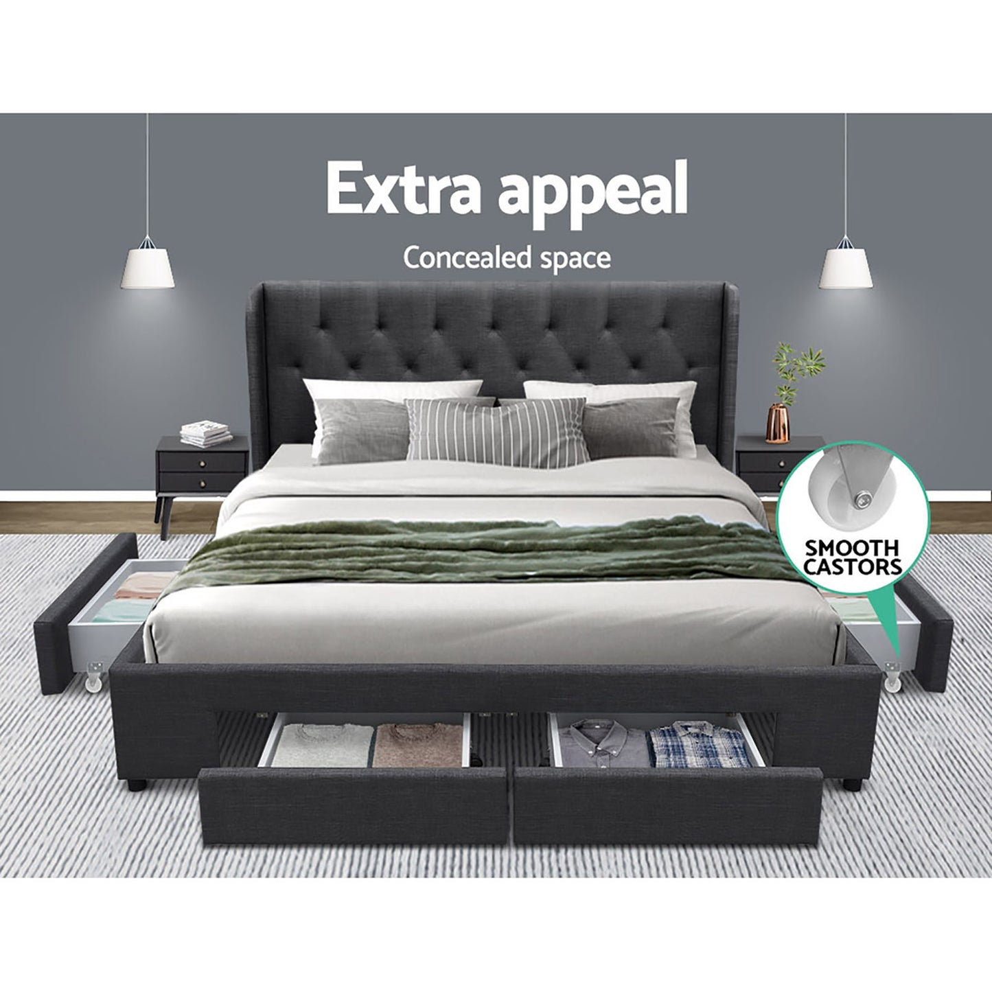 Artiss MILA Bed Frame with 4 Drawers - Charcoal