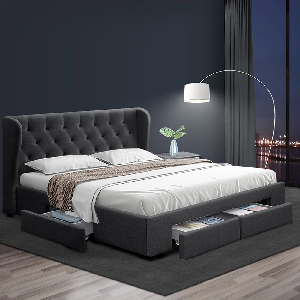 Artiss MILA Bed Frame with 4 Drawers - Charcoal