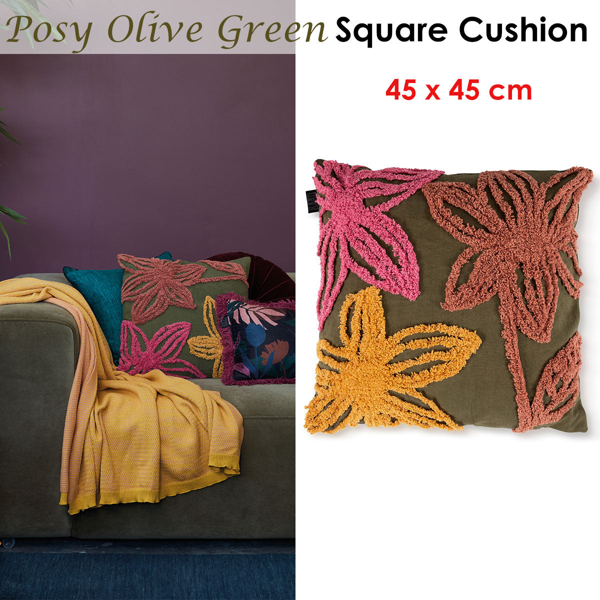Posy Olive Green Square Cushion