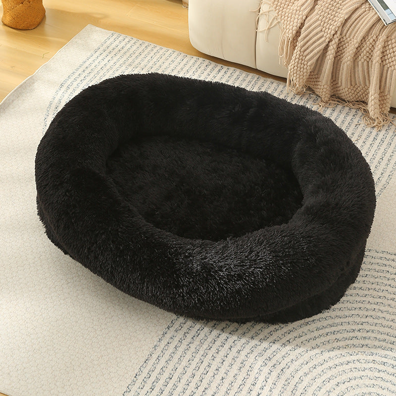 Fluffy Black Donut Shaped Pet Bed